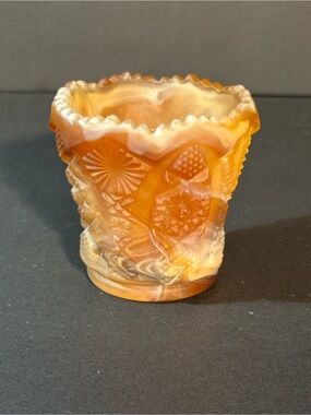 MCM Imperial Slag Glass Toothpick Holder Daisy Button Marbled Caramel Swirl 2.5"